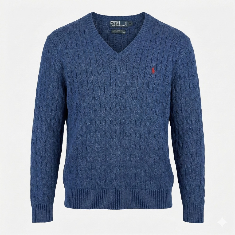 Polo Ralph Lauren XXL Blue Cable Knit Sweater 100% Tussah‎ Silk V-Neck Mens